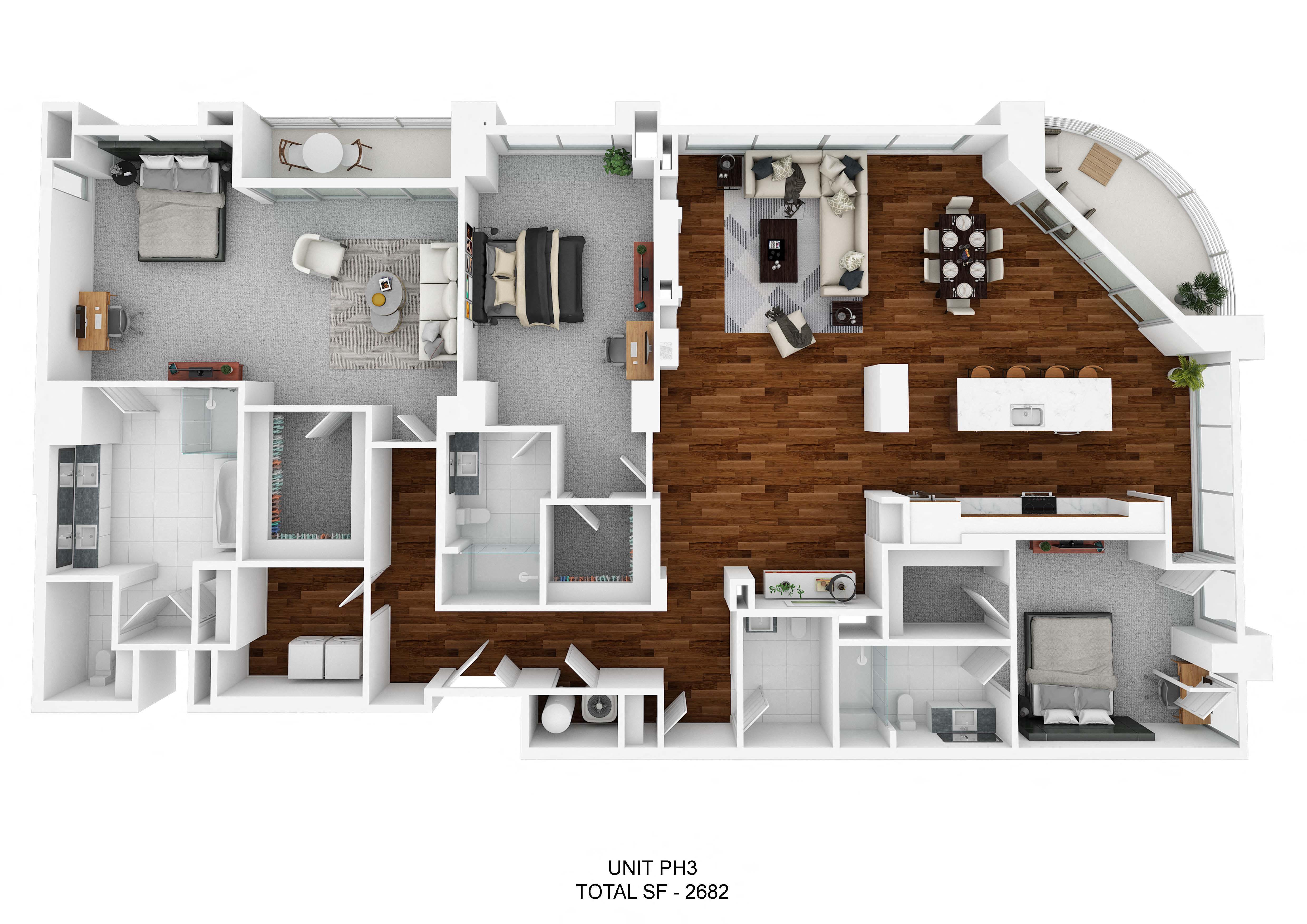 Floor plan for 3 beds, 3.5 baths, 2682 sqft